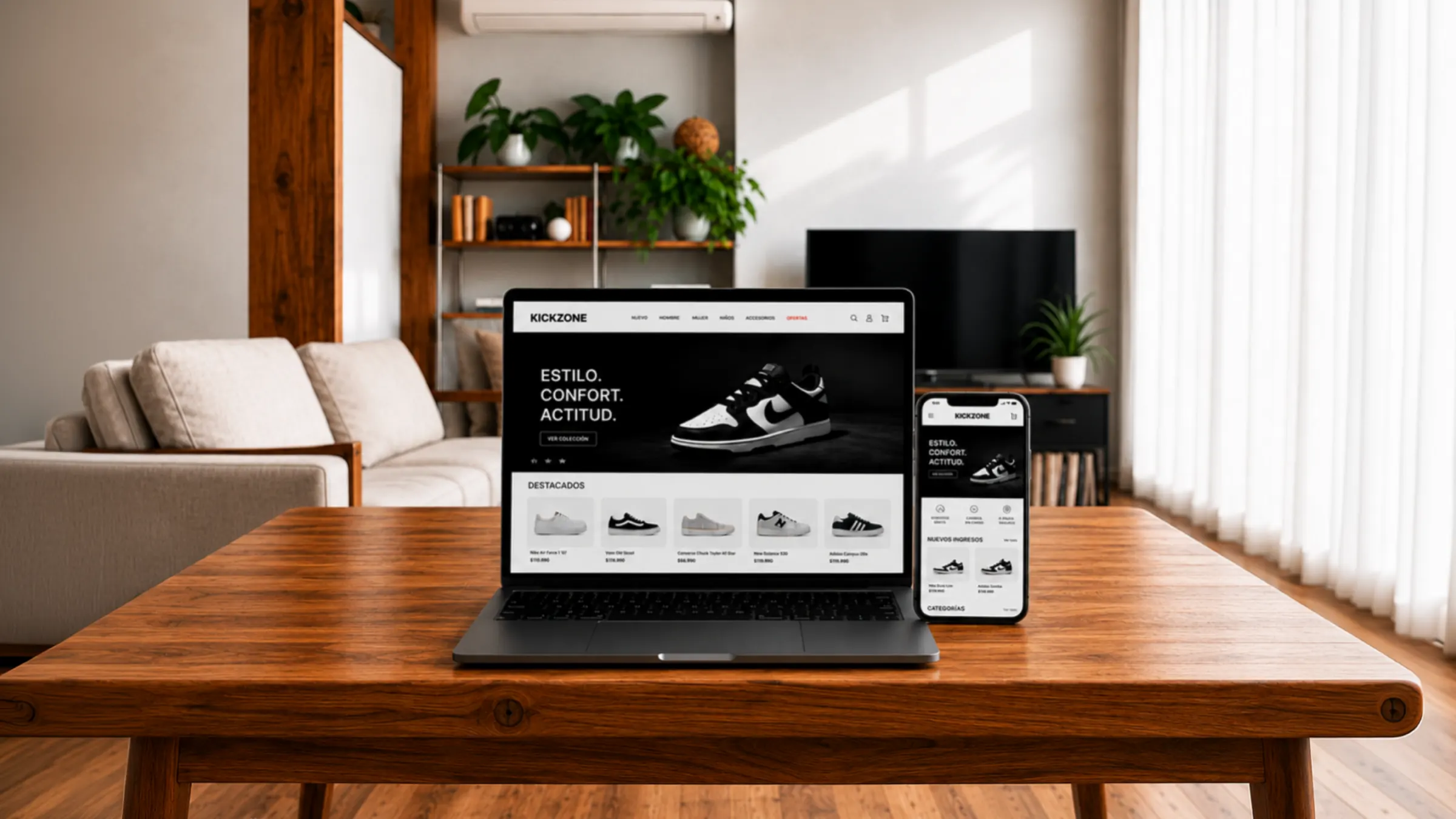 Tienda online de zapatillas vista en notebook y celular